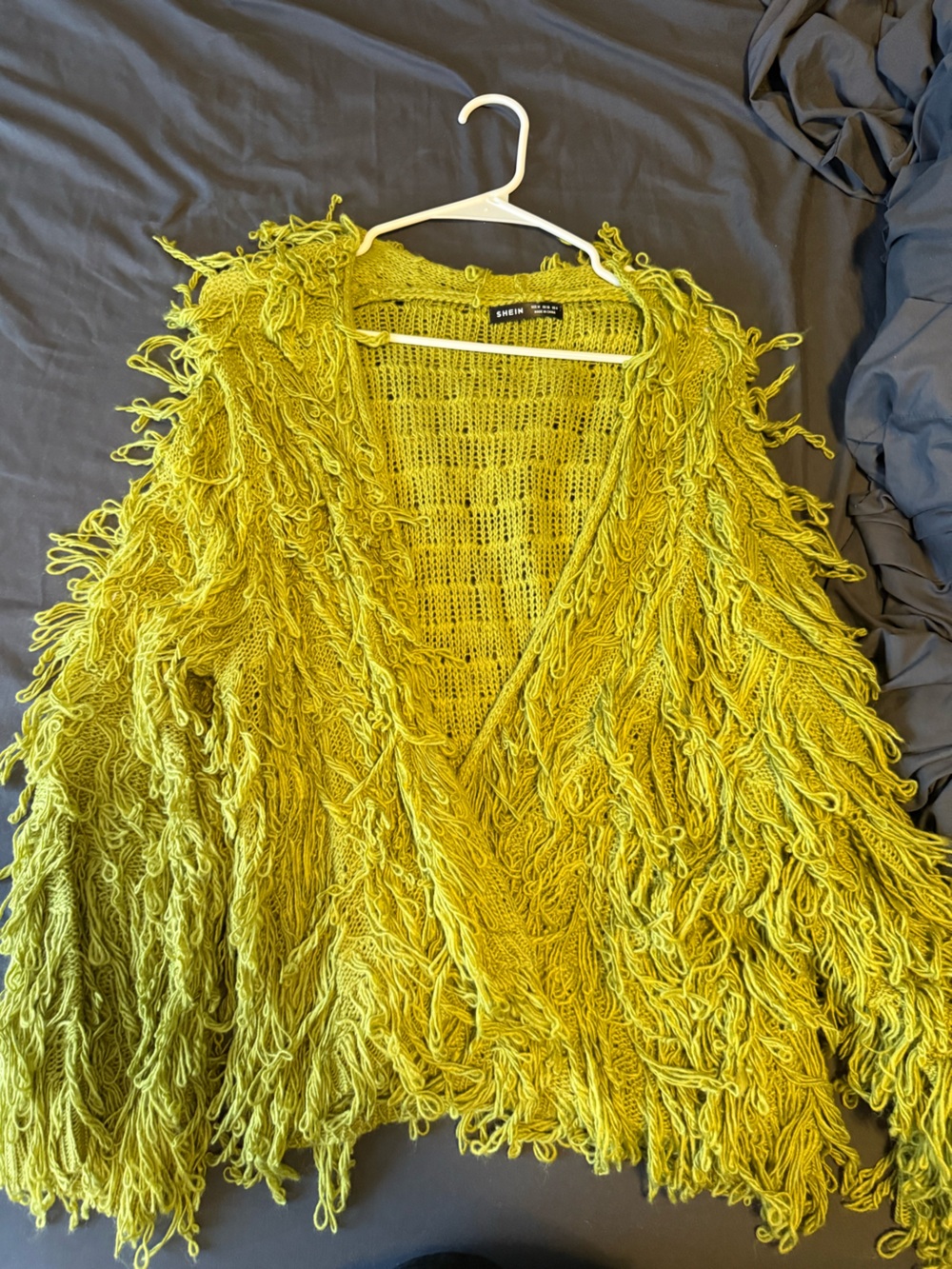 SHEIN Mustard Yellow Fringe Open-Knit Sweater